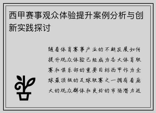 西甲赛事观众体验提升案例分析与创新实践探讨