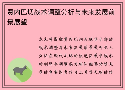 费内巴切战术调整分析与未来发展前景展望