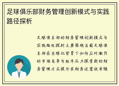 足球俱乐部财务管理创新模式与实践路径探析