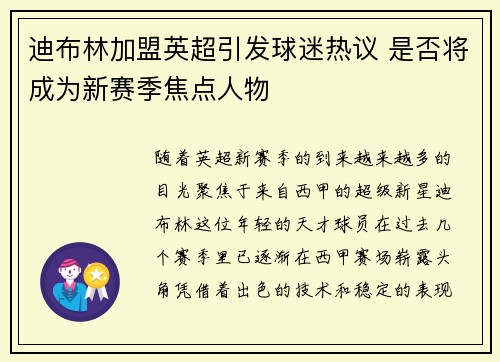 迪布林加盟英超引发球迷热议 是否将成为新赛季焦点人物