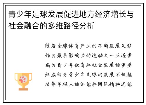 青少年足球发展促进地方经济增长与社会融合的多维路径分析