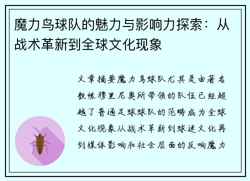 魔力鸟球队的魅力与影响力探索：从战术革新到全球文化现象