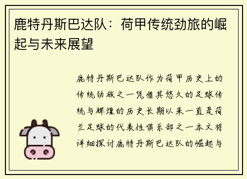 鹿特丹斯巴达队：荷甲传统劲旅的崛起与未来展望