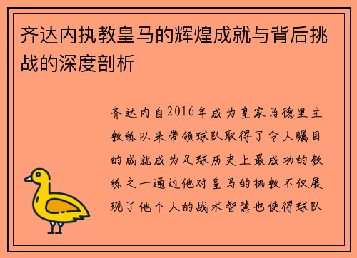 齐达内执教皇马的辉煌成就与背后挑战的深度剖析